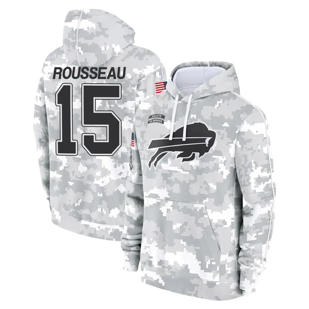 B.Bills #15 Greg Rousseau Player Arctic Camo Salute to Service Hoodies Cooneas Stitched Jerseys