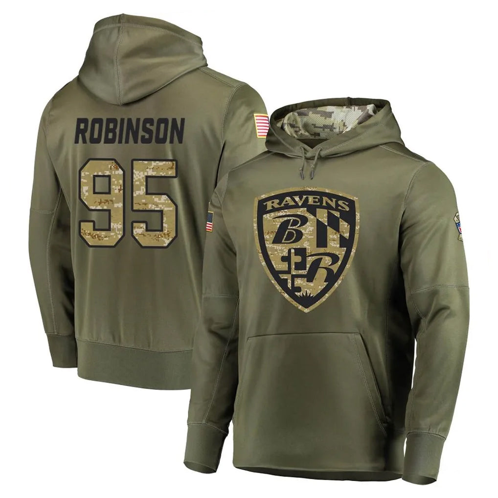 B.Ravens #95 Tavius Robinson Player Olive Salute to Service Pullover Hoodie Cooneas Stitched Jerseys