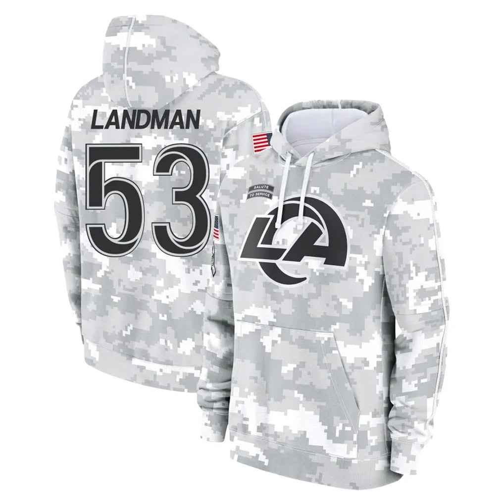LA.Rams #53 Nate Landman Player Arctic Camo Salute to Service Hoodies Limited Game Cooneas Stitched Jerseys