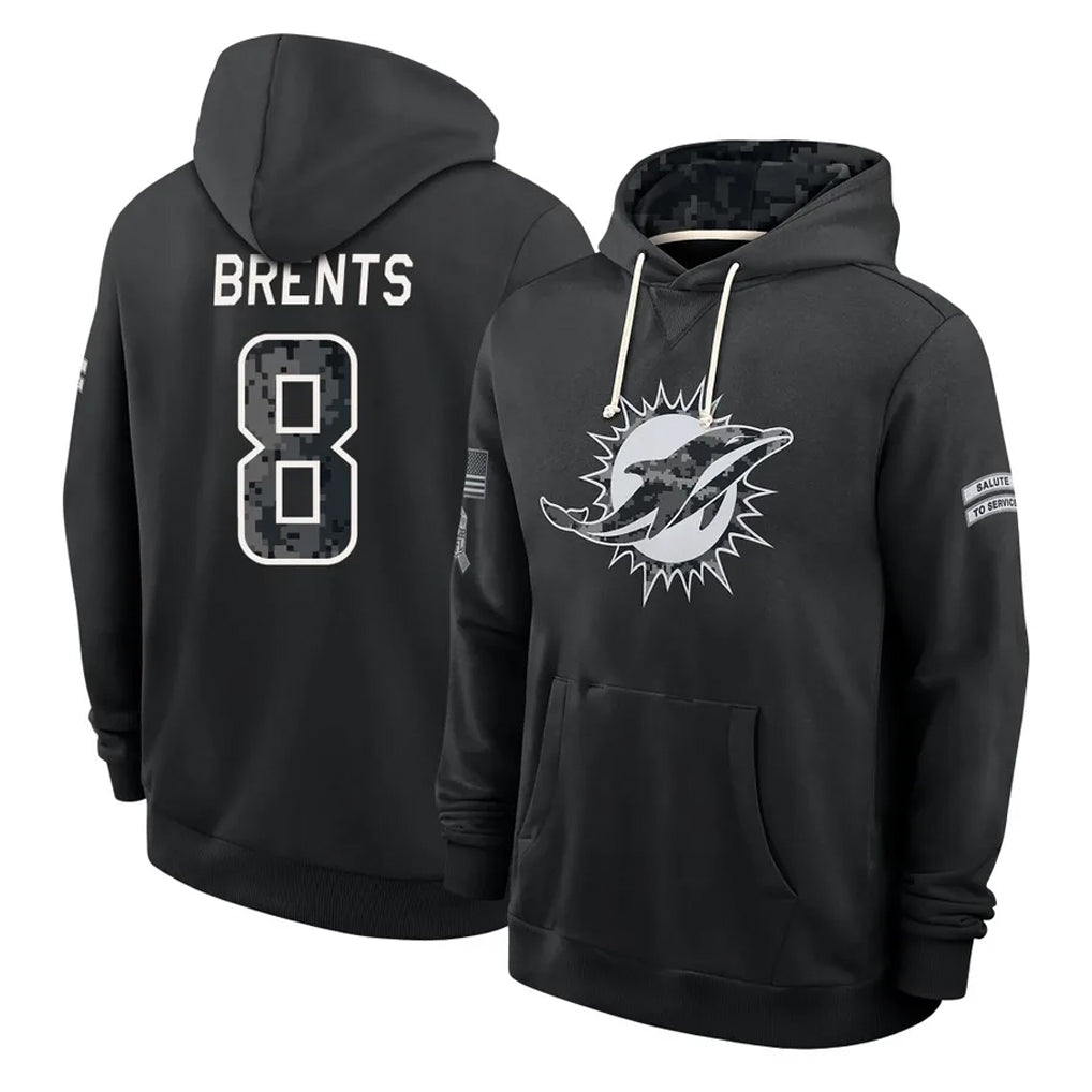 M.Dolphins #8 JuJu Brents Player 2026 Black Logo Pullover Hoodies Limited Game Cooneas Stitched Jerseys