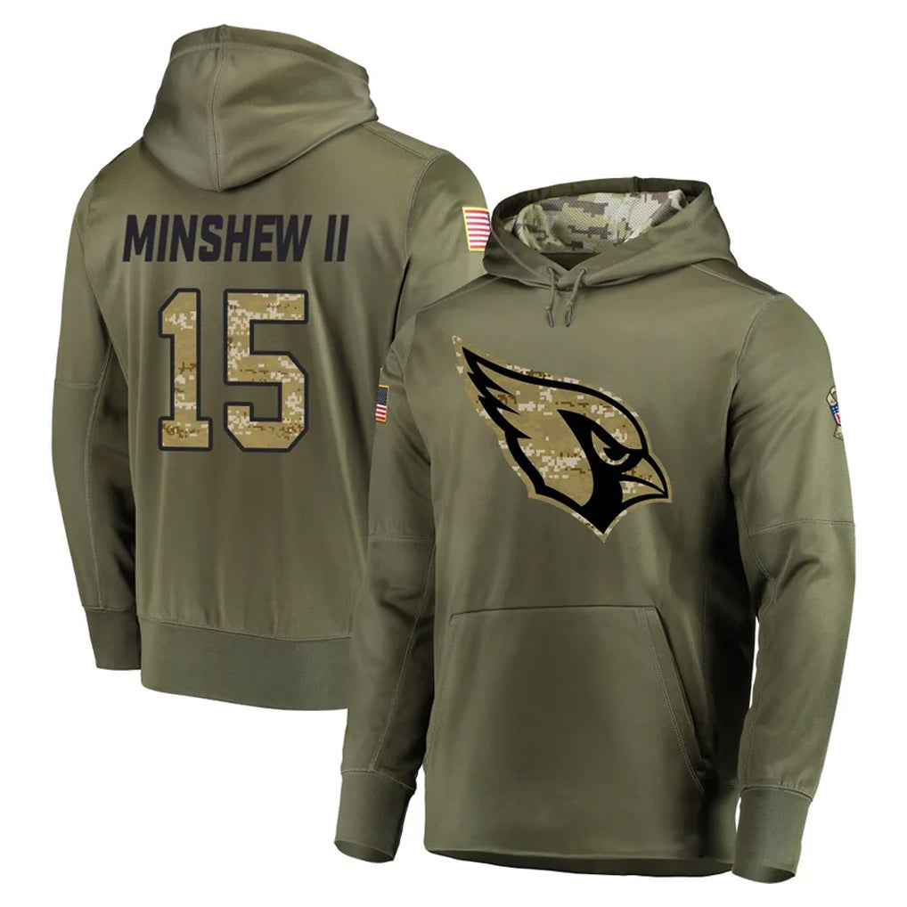 A.Cardinals #15 Gardner Minshew II Player Olive Salute to Service Pullover Hoodie Home Game Cooneas Stitched Jerseys