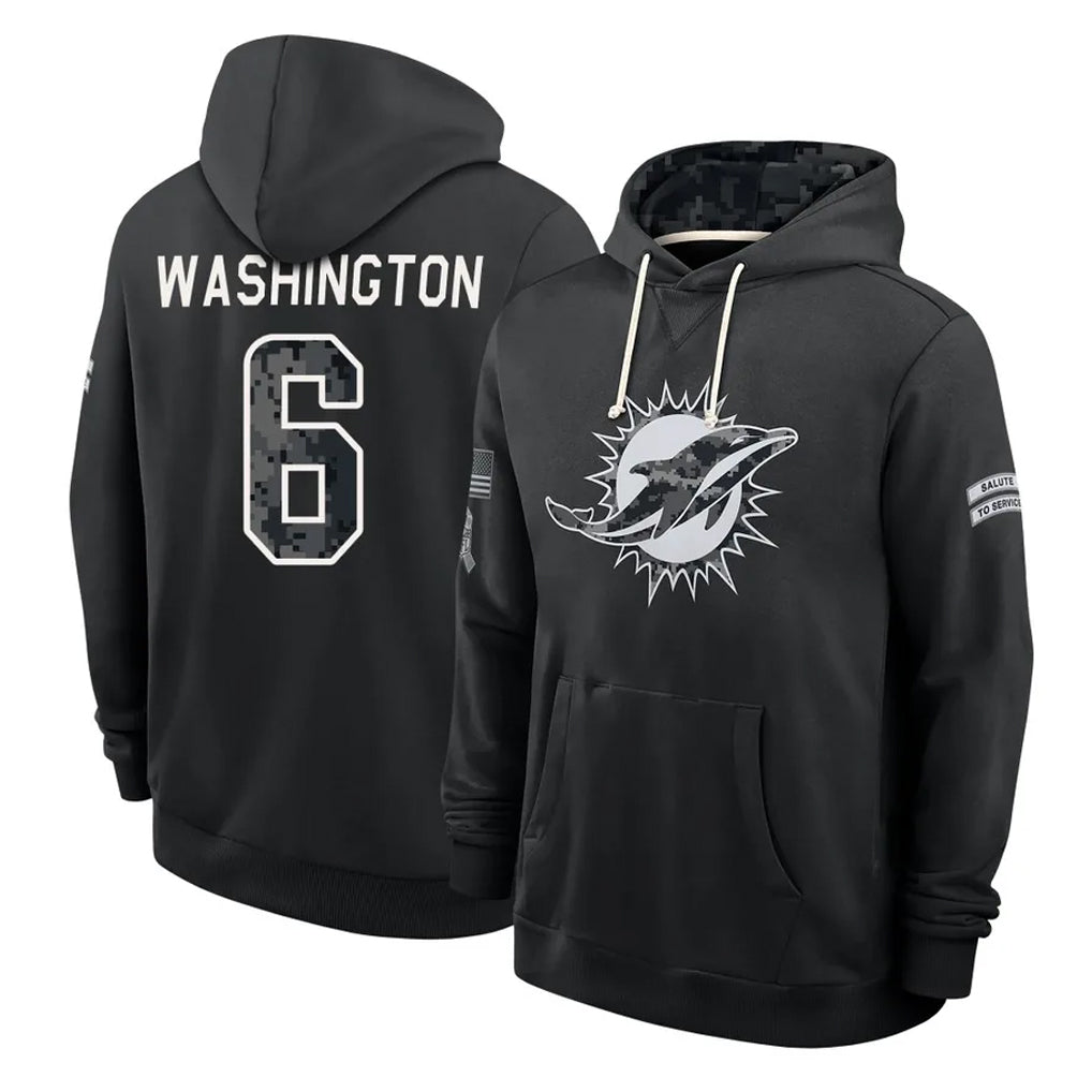 M.Dolphins #6 Malik Washington Player 2026 Black Logo Pullover Hoodies Limited Game Cooneas Stitched Jerseys