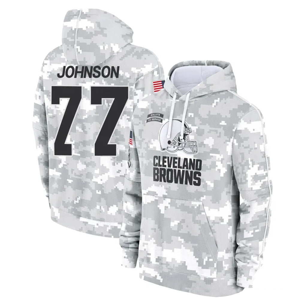 C.Browns #77 Zion Johnson Player Arctic Camo Salute to Service Hoodies Limited Game Cooneas Stitched Jerseys