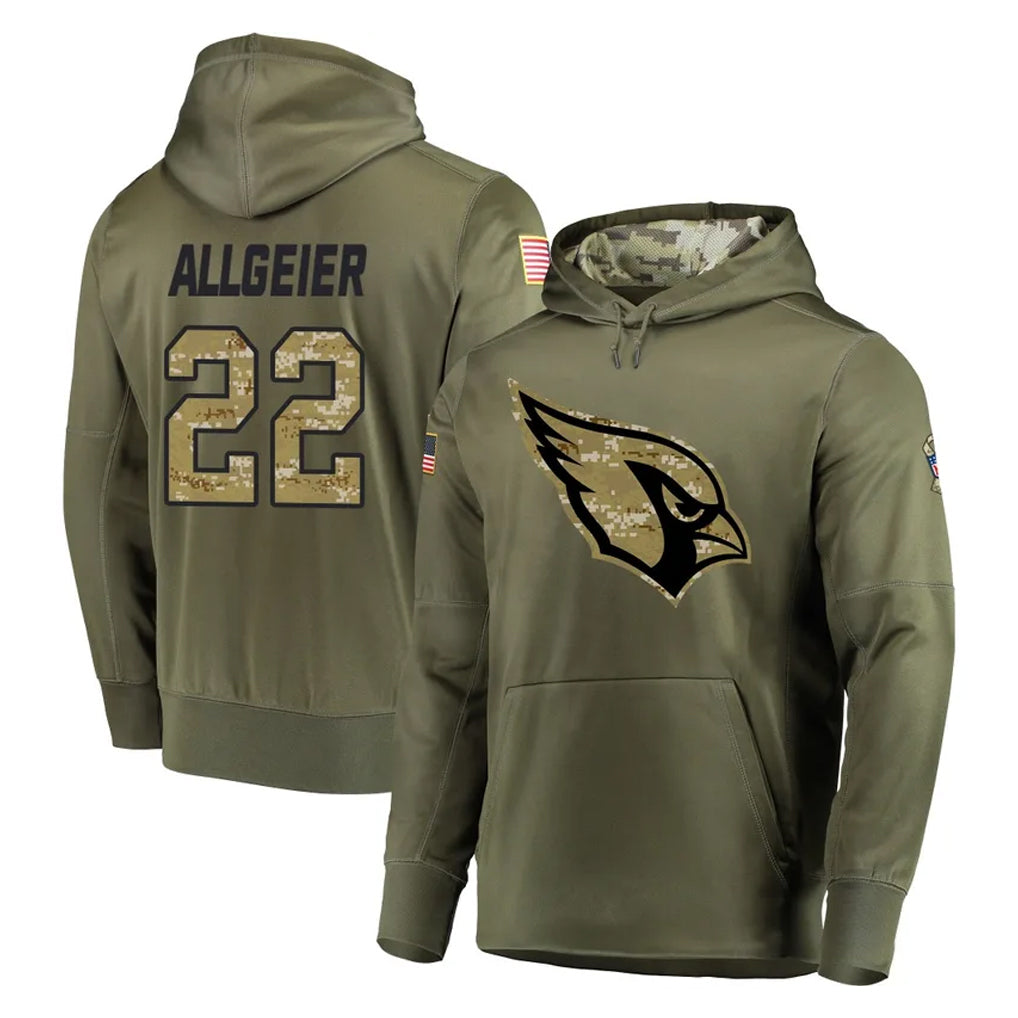 A.Cardinals #22 Tyler Allgeier Player Olive Salute to Service Pullover Hoodie Home Game Cooneas Stitched Jerseys
