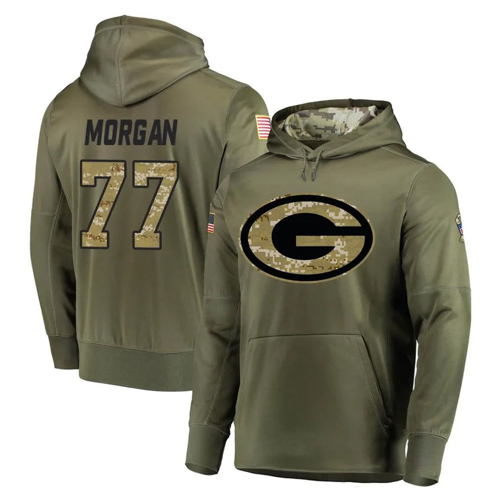 GB.Packers #77 Jordan Morgan Player Olive Salute to Service Pullover Hoodies Home Game Cooneas Stitched Jerseys