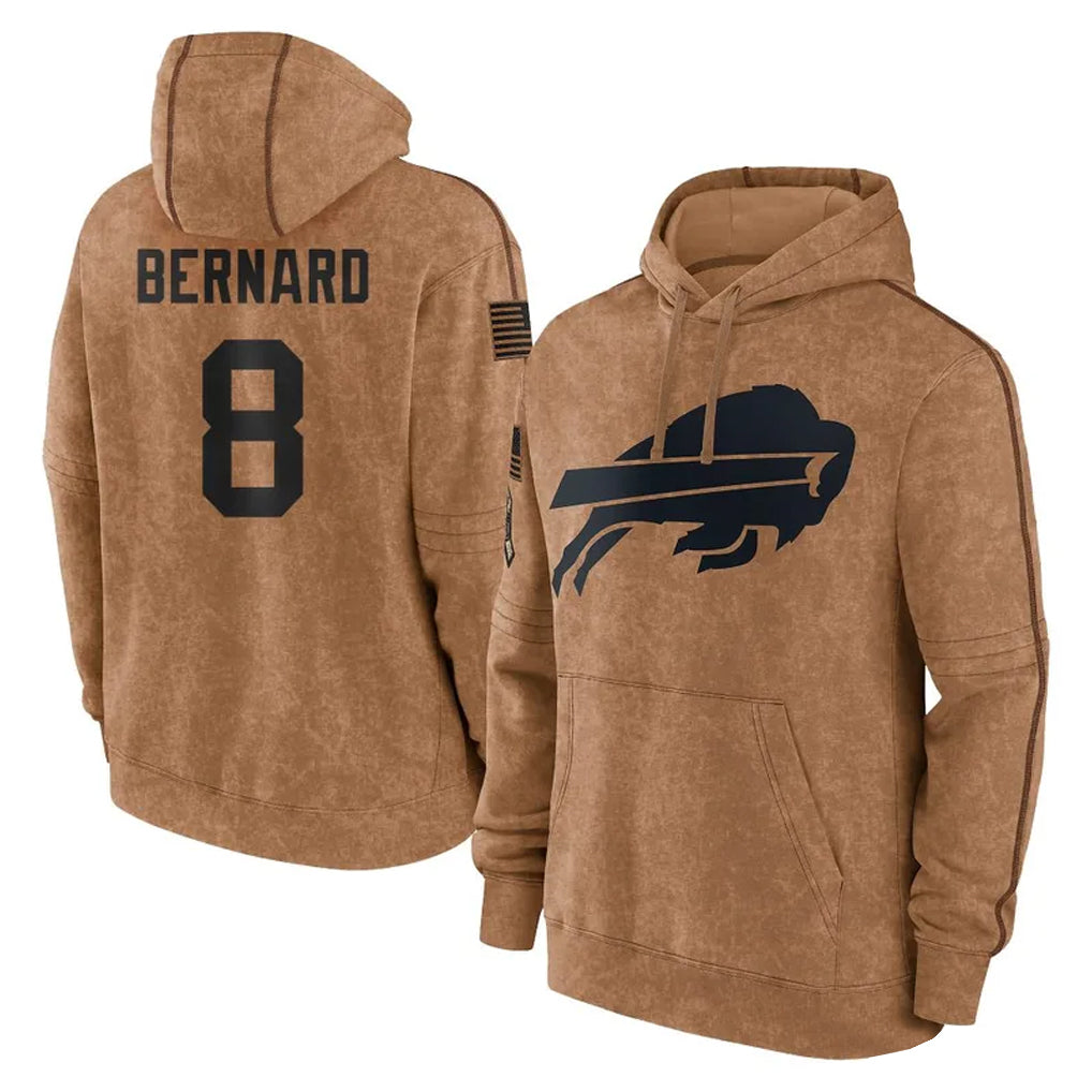 B.Bills #8 Terrel Bernard Player Brown Salute to Service Hoodies Cooneas Stitched Jerseys