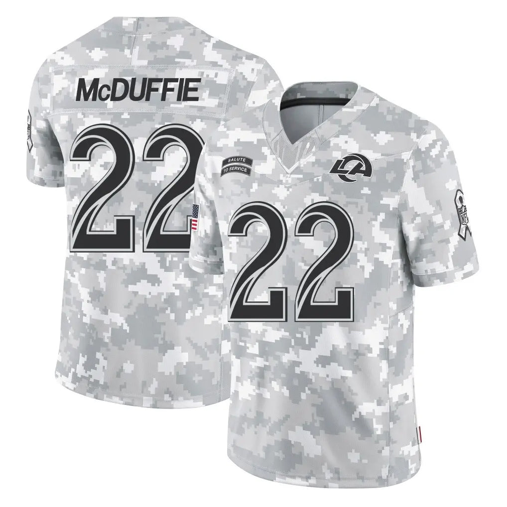 LA.Rams #22 Trent McDuffie Player Arctic Camo Salute To Service Limited Game Cooneas Stitched Jerseys