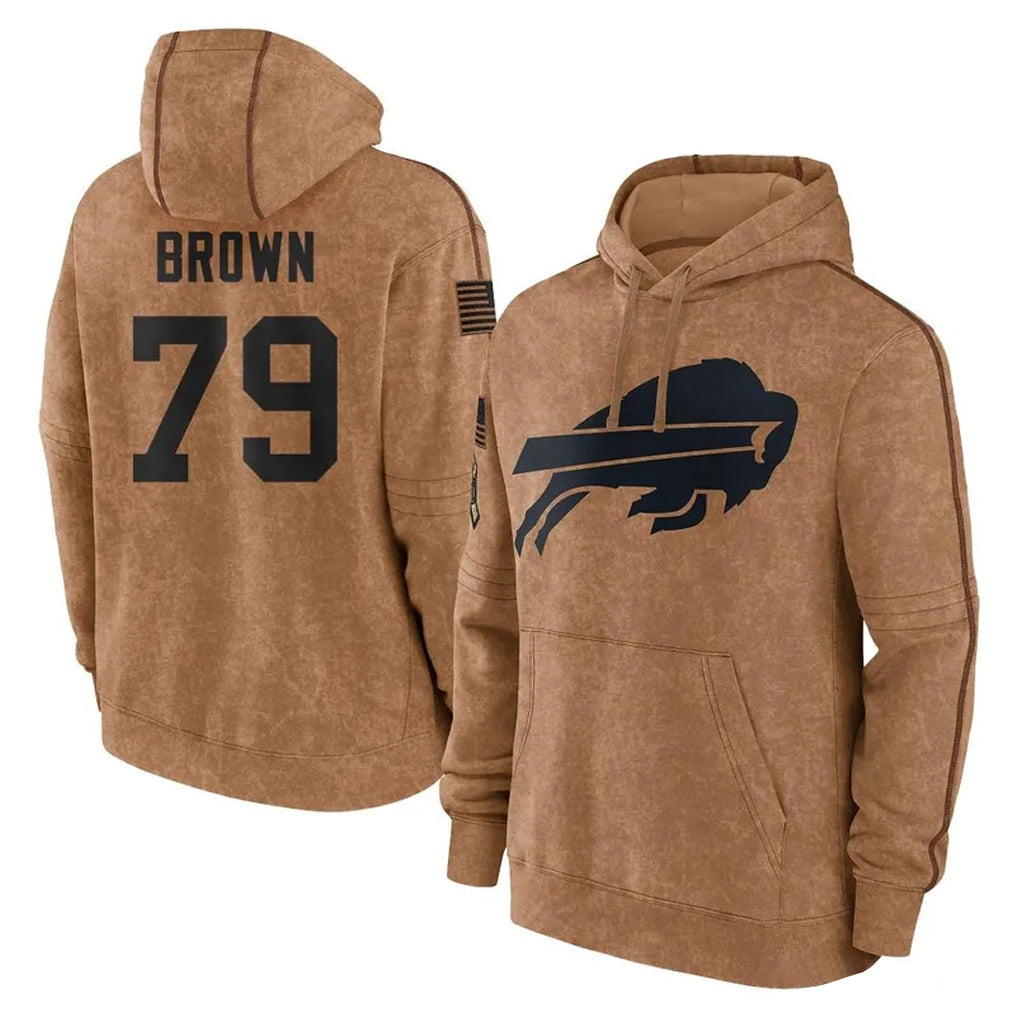 B.Bills #79 Spencer Brown Player Brown Salute to Service Hoodies Cooneas Stitched Jerseys