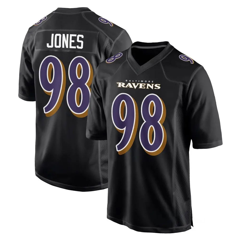 B.Ravens #98 Travis Jones Player Black Carbon Fashion Home Game Cooneas Stitched Jerseys