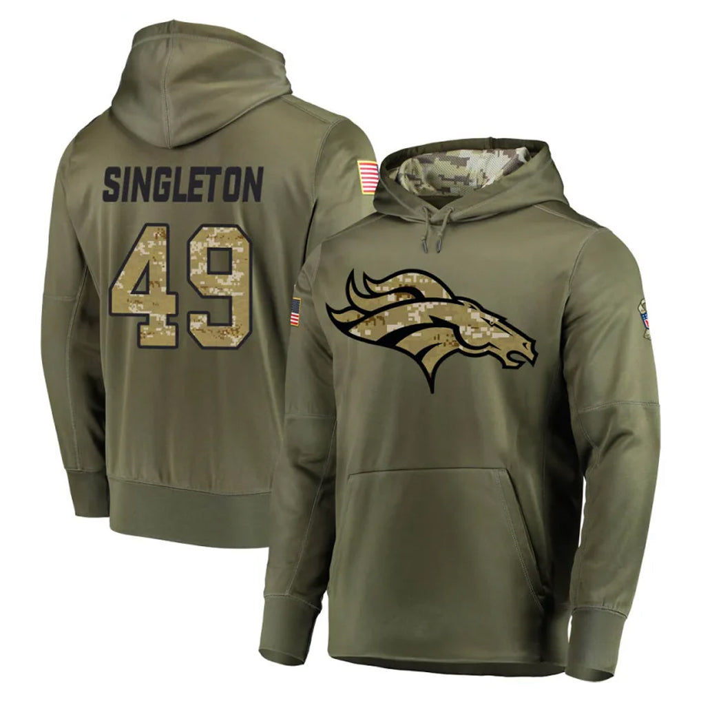 D.Broncos #49 Alex Singleton Player Olive Salute to Service Pullover Hoodies Home Game Cooneas Stitched Jerseys