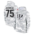 C.Bengals #75 Orlando Brown Jr. Player Arctic Camo Salute to Service Pullover Hoodie Limited Cooneas Stitched Jerseys