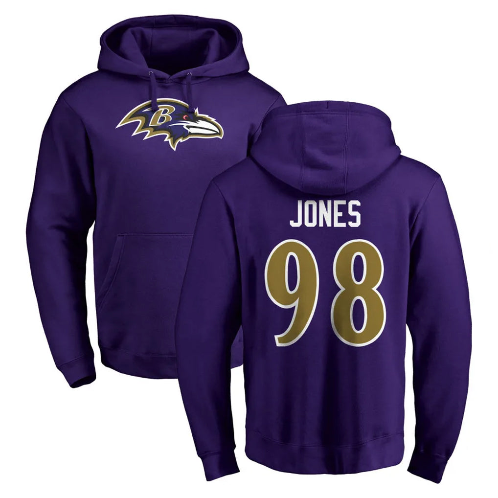 B.Ravens #98 Travis Jones Player Purple Salute to Service Pullover Hoodie Cooneas Stitched Jerseys