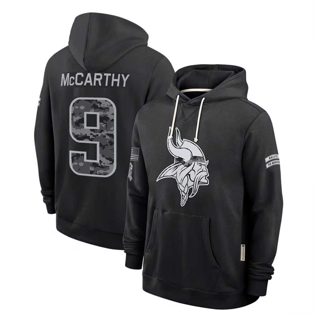MN.Vikings #9 J.J. McCarthy Player 2026 Black Logo Pullover Hoodies Limited Game Cooneas Stitched Jerseys