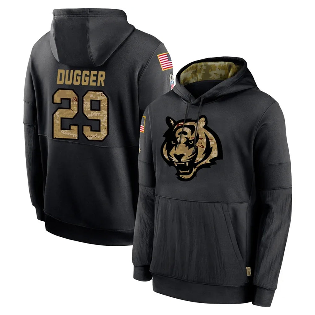 C.Bengals #29 Kyle Dugger Player Black Salute to Service Pullover Hoodies Limited Cooneas Stitched Jerseys