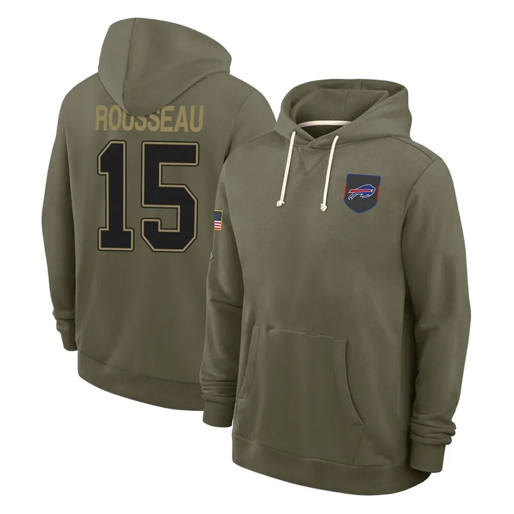 B.Bills #15 Greg Rousseau Player Olive 2025 Salute to Service Hoodies Cooneas Stitched Jerseys