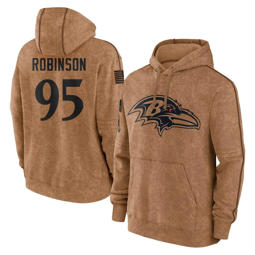 B.Ravens #95 Tavius Robinson Player Brown Salute to Service Pullover Hoodie Cooneas Stitched Jerseys