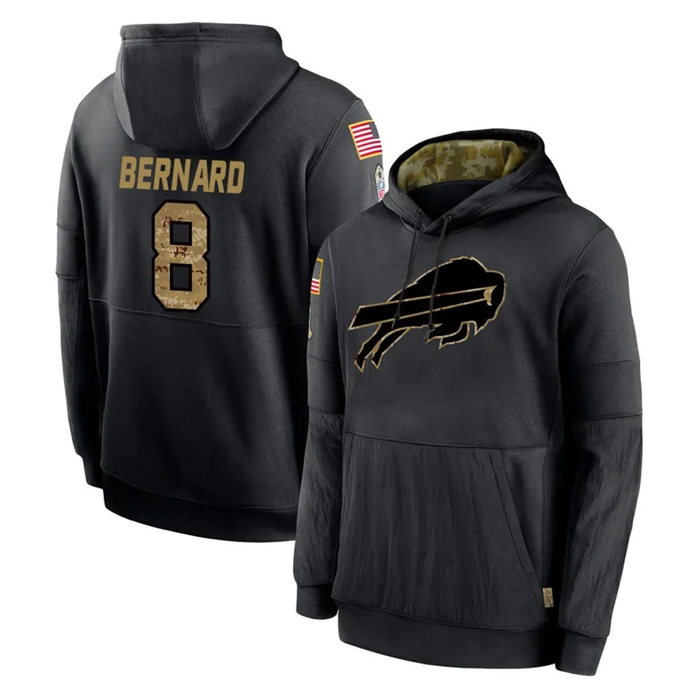 B.Bills #8 Terrel Bernard Player Black Salute to Service Hoodies Cooneas Stitched Jersey