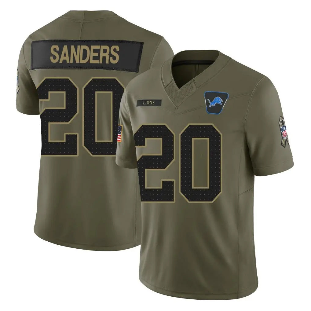 D.Lions #20 Barry Sanders Player Olive 2025 Salute To Service Limited Home Game Cooneas Stitched Jerseys