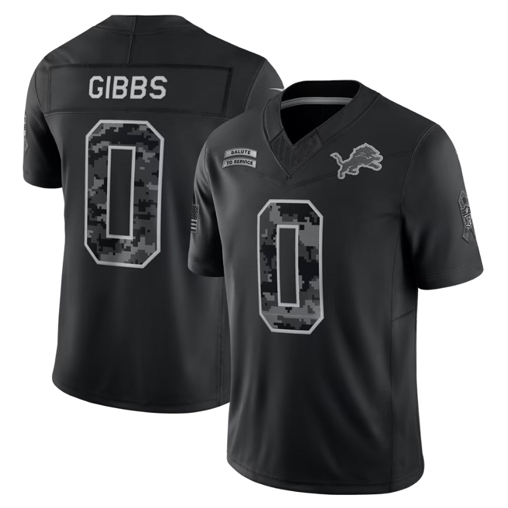 Cooneas D.Lions #0 Jahmyr Gibbs Player Black Limited 2026 Salute to Service Home Game Stitched Jerseys