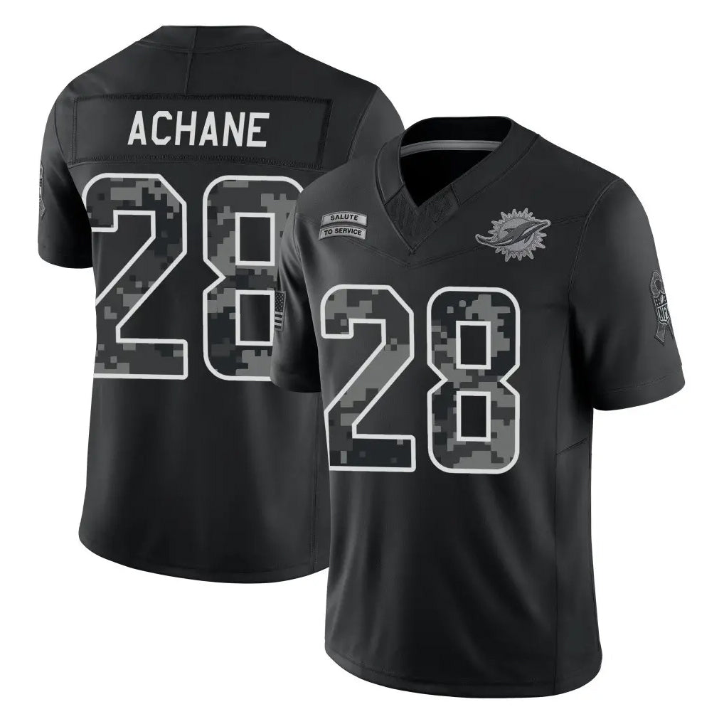 M.Dolphins #28 De'Von Achane Player Black Limited 2026 Salute to Service Home Game Cooneas Stitched Jerseys