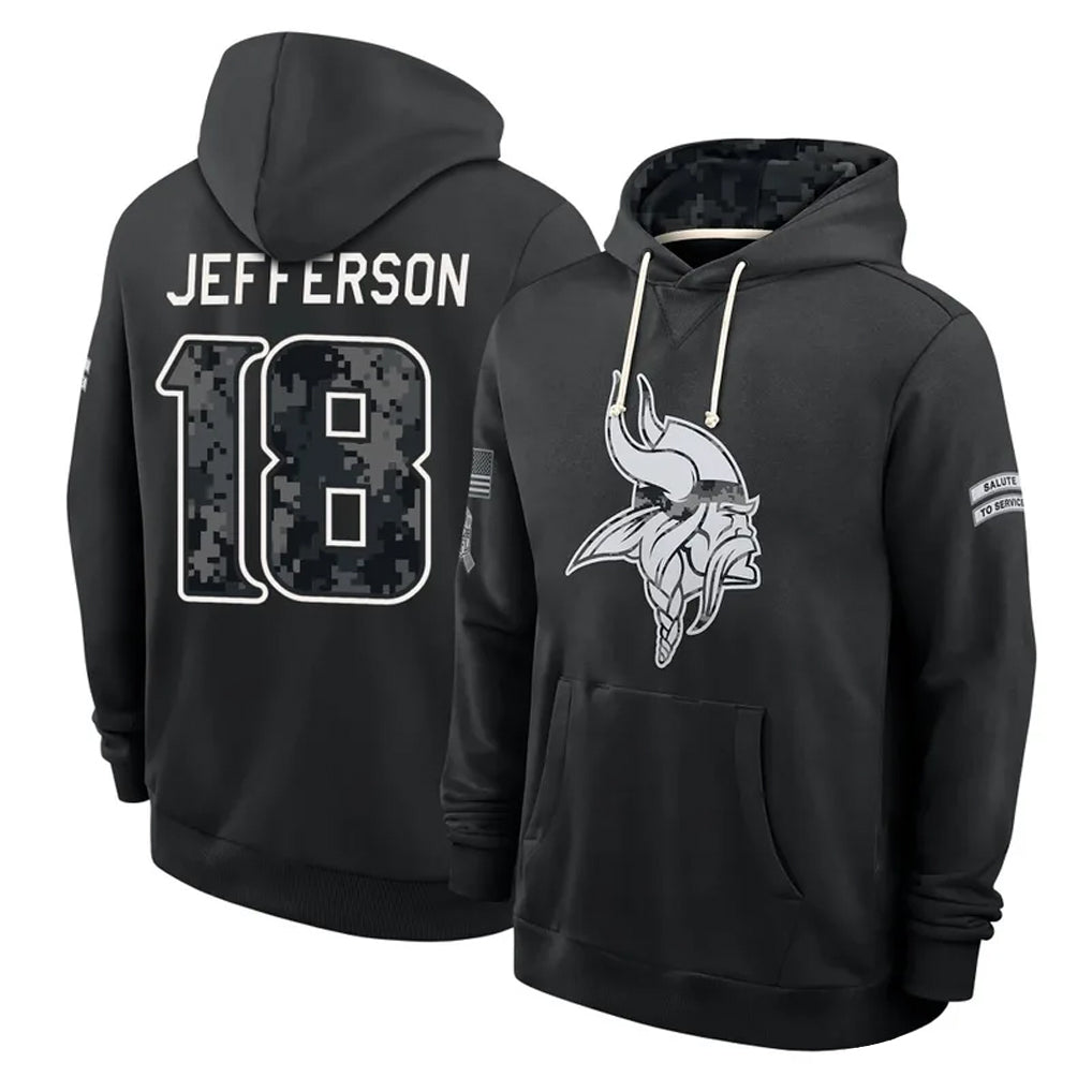 MN.Vikings #18 Justin Jefferson Player 2026 Black Logo Pullover Hoodies Limited Game Cooneas Stitched Jerseys