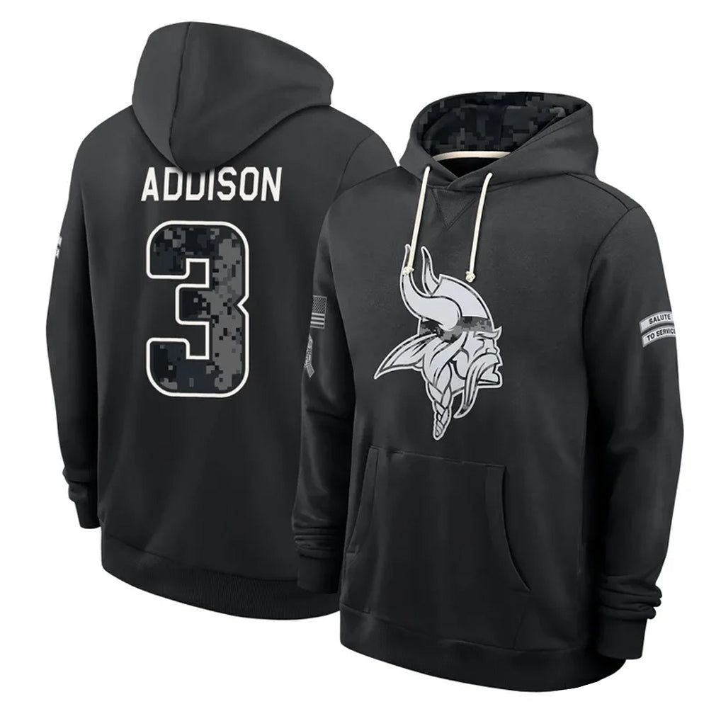 MN.Vikings #3 Jordan Addison Player 2026 Black Logo Pullover Hoodies Limited Game Cooneas Stitched Jerseys