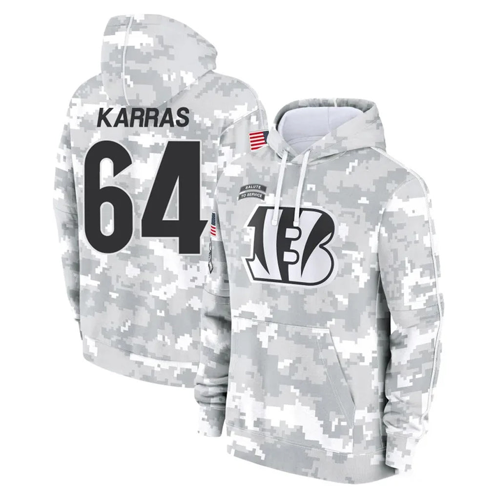 C.Bengals #64 Ted Karras Player Arctic Camo Salute to Service Pullover Hoodie Limited Cooneas Stitched Jerseys