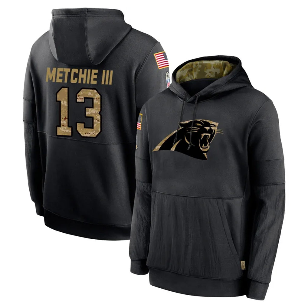C.Panthers #13 John Metchie III Player Black Salute to Service Pullover Hoodies Limited Game Cooneas Stitched Jerseys