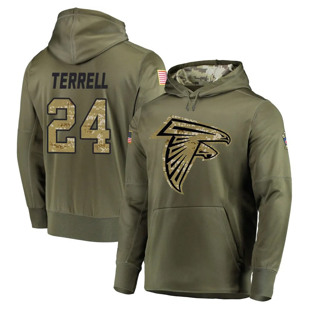 Cooneas A.Falcons #24 A.J. Terrell Jr. Player Olive Salute to Service Club Fleece Hoodie Stitched Jerseys