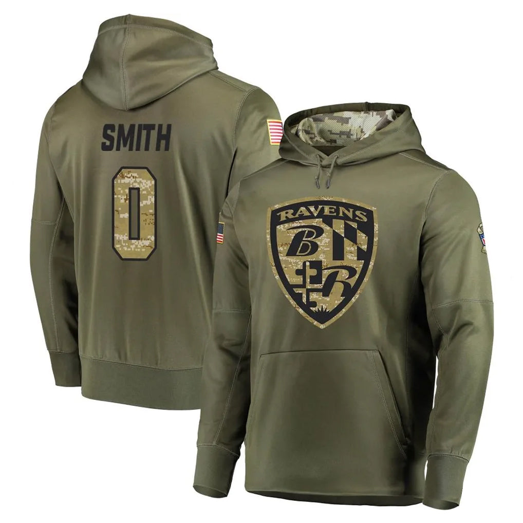 Cooneas B.Ravens #0 Roquan Smith Player Olive Salute to Service Pullover Hoodie Stitched Jerseys