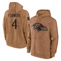 Cooneas B.Ravens #4 Zay Flowers Player Brown Salute to Service Pullover Hoodie Stitched Jerseys