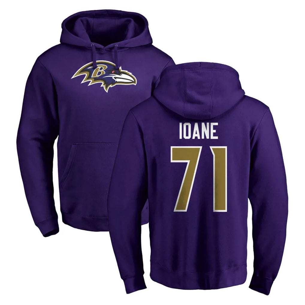 Cooneas B.Ravens #71 Olaivavega Ioane Player Purple Salute to Service Pullover Hoodie Stitched Jerseys