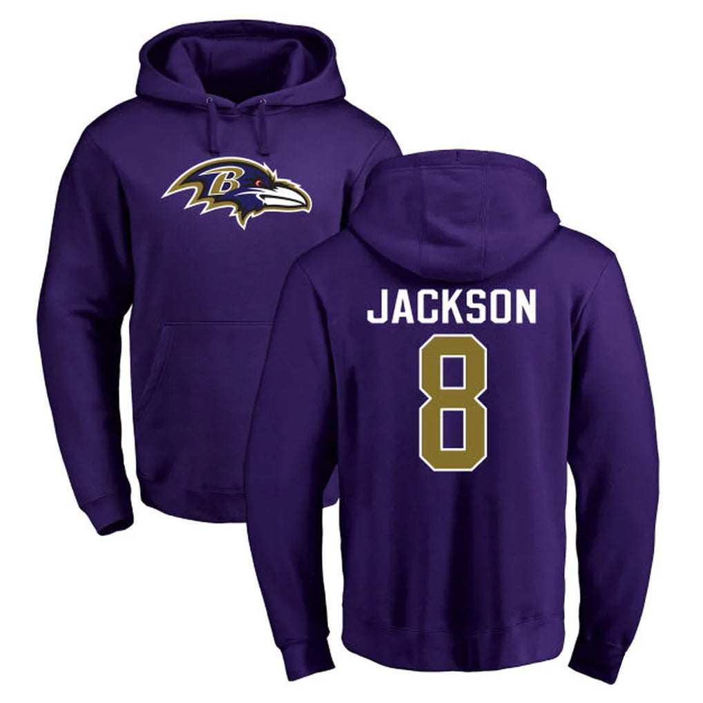 Cooneas B.Ravens #8 Lamar Jackson Player Purple Salute to Service Pullover Hoodie Stitched Jerseys