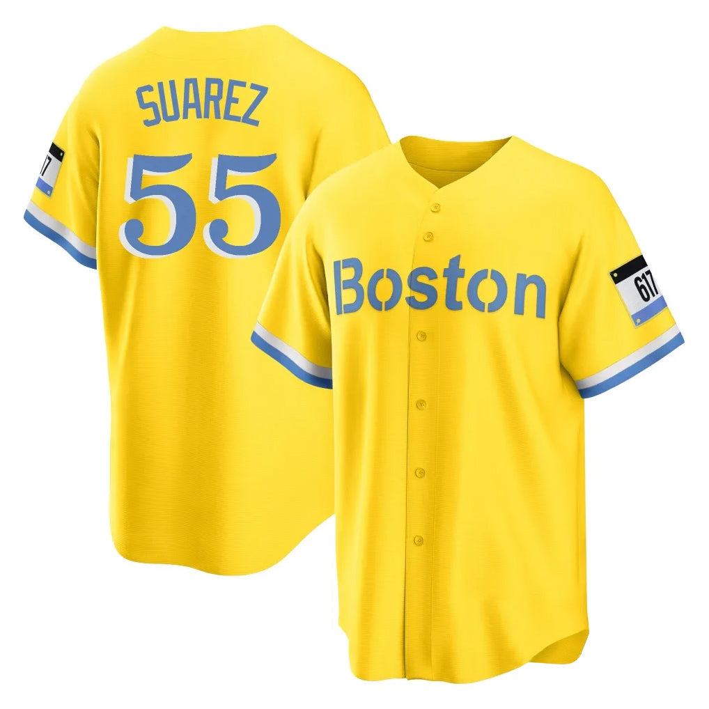 Cooneas B.Red Sox #55 Ranger Su¡§¡érez Player Yellow Home Game Stitched Jerseys