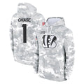 Cooneas C.Bengals #1 Ja'Marr Chase Player Arctic Camo Salute to Service Pullover Hoodie Limited Stitched Jerseys