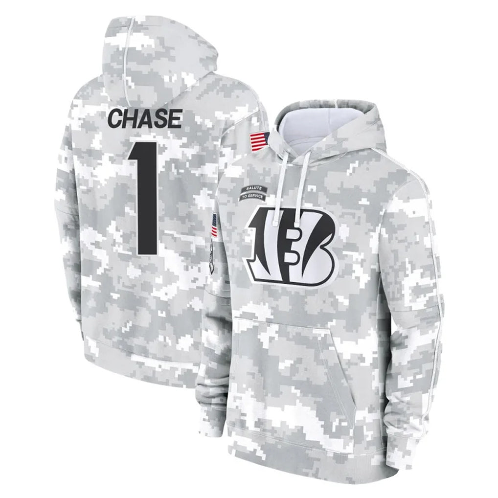 Cooneas C.Bengals #1 Ja'Marr Chase Player Arctic Camo Salute to Service Pullover Hoodie Limited Stitched Jerseys