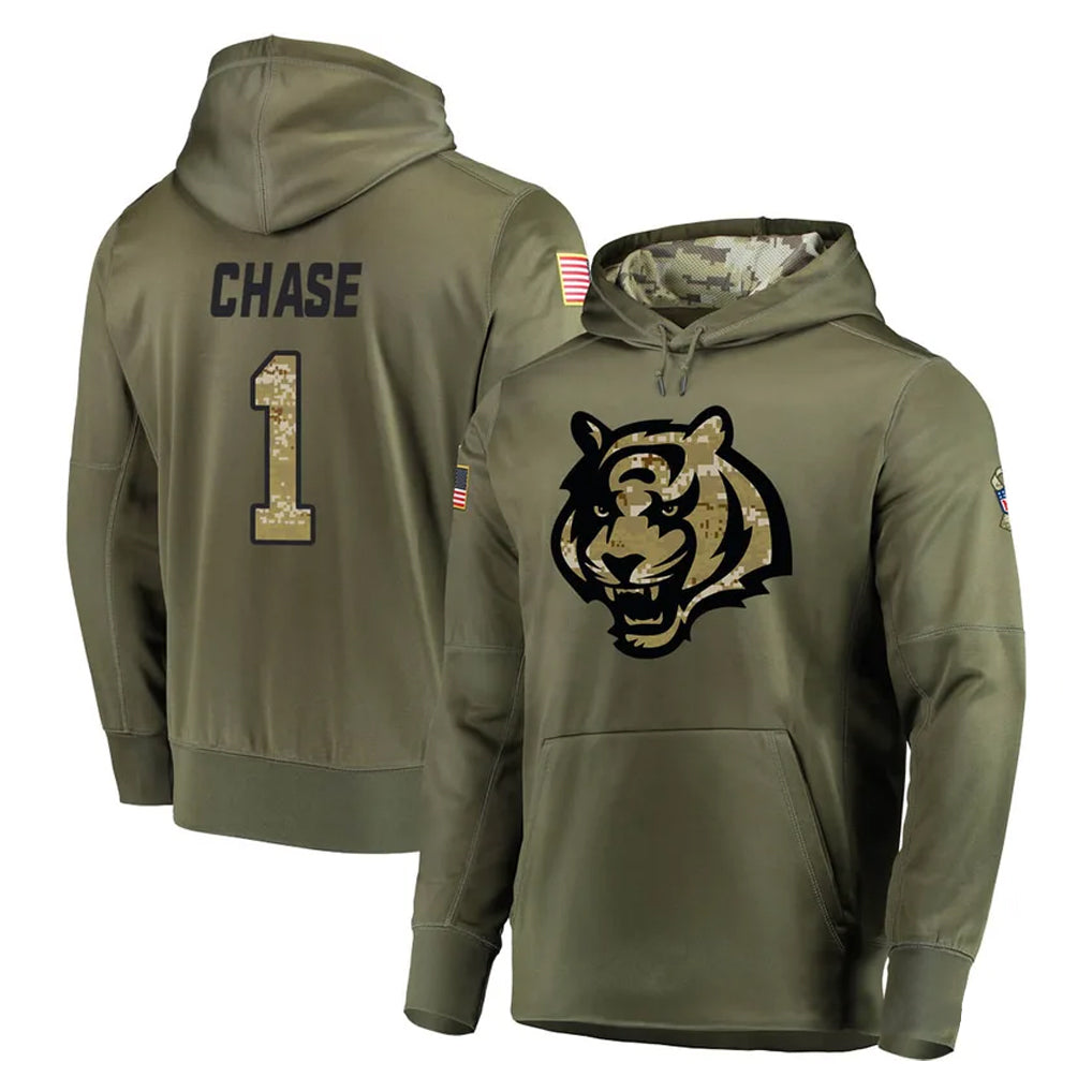 Cooneas C.Bengals #1 Ja'Marr Chase Player Olive Salute to Service Pullover Hoodies Home Game Stitched Jerseys