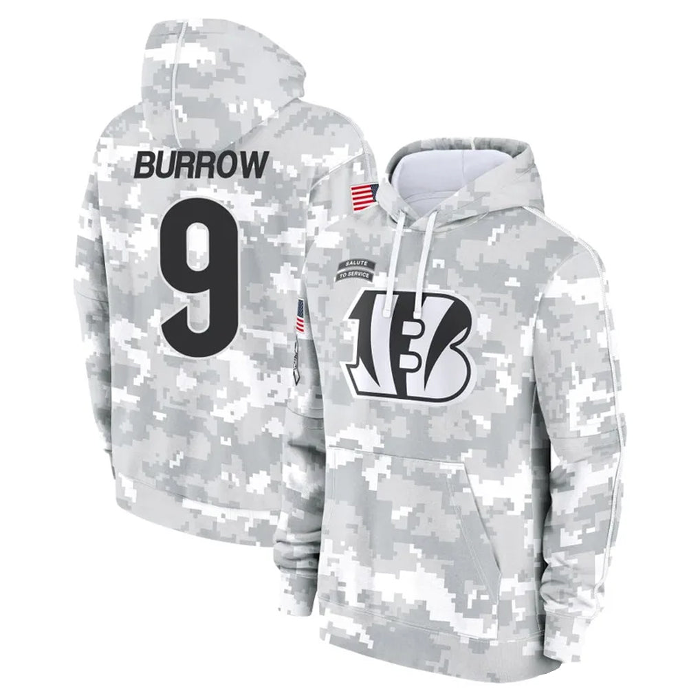 Cooneas C.Bengals #9 Joe Burrow Player Arctic Camo Salute to Service Pullover Hoodie Stitched Jerseys