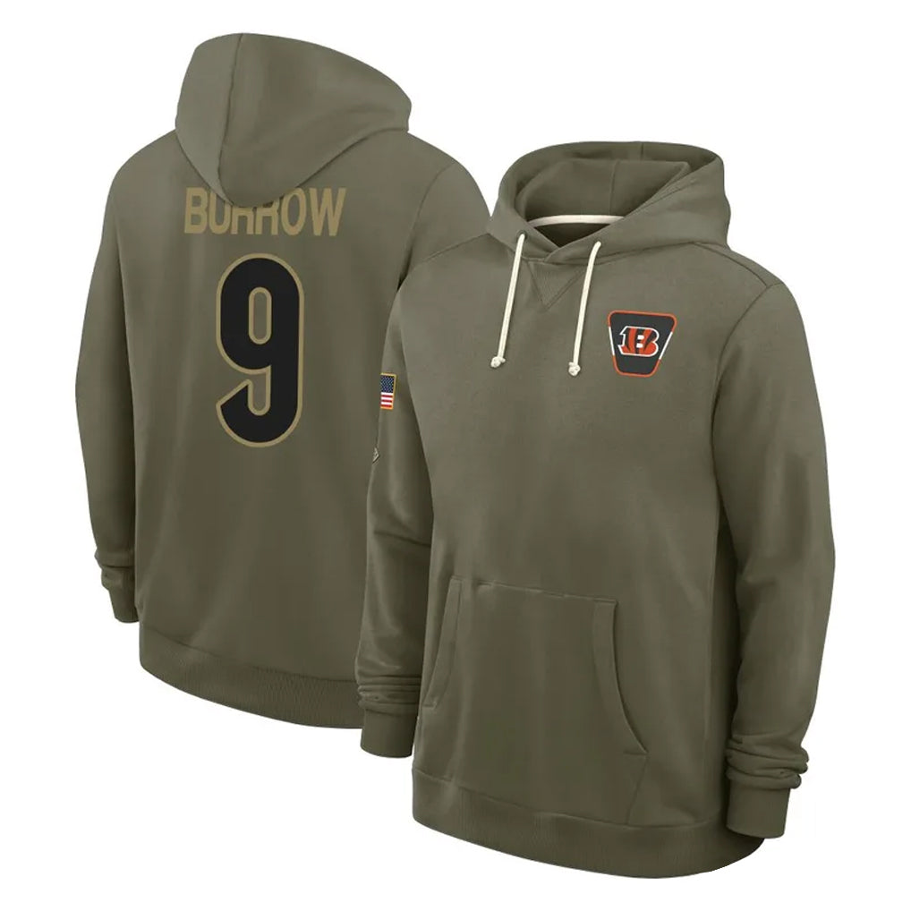 Cooneas C.Bengals #9 Joe Burrow Player Olive Salute to Service Pullover Hoodies Limited Stitched Jerseys