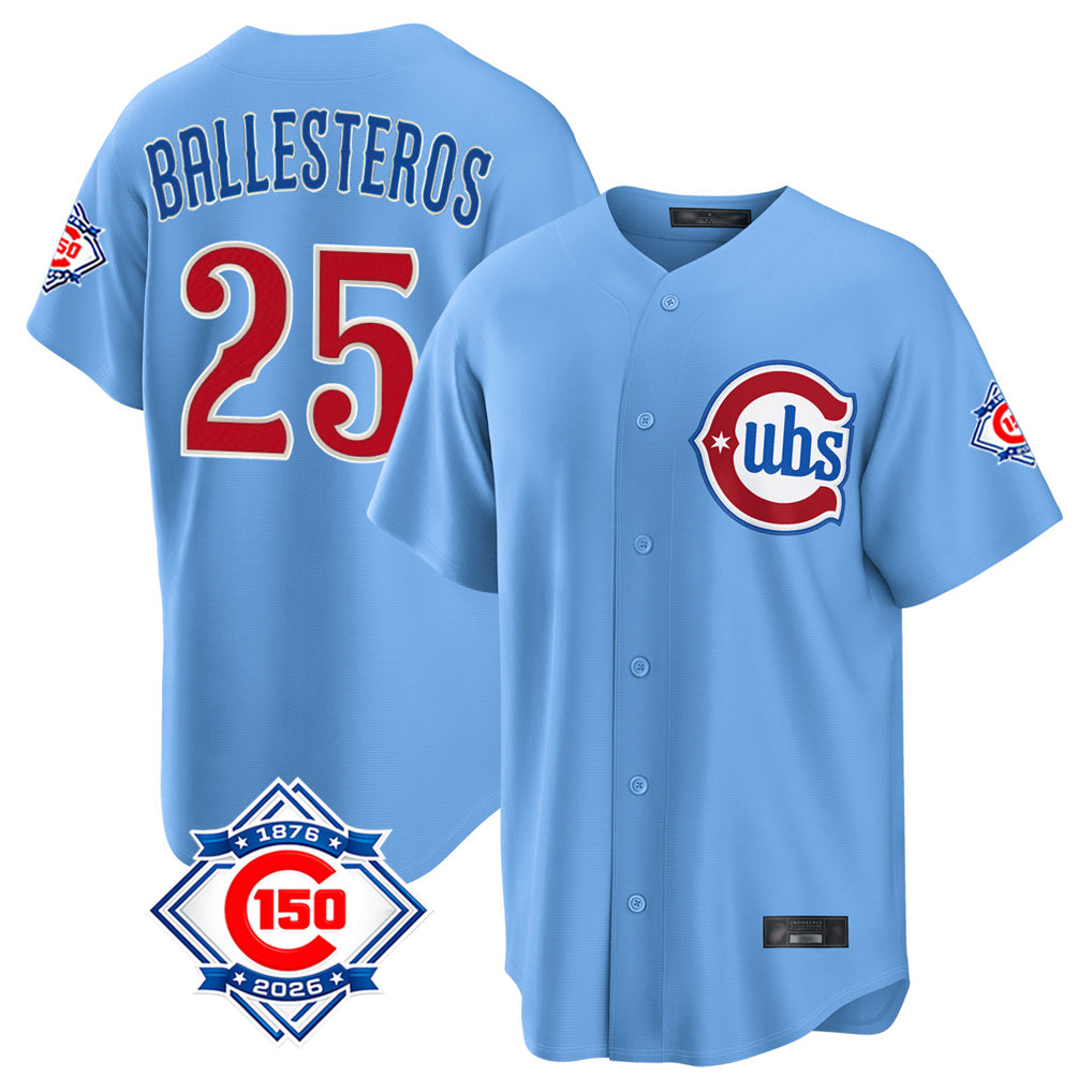Cooneas C.Cubs #25 Mois¡§|s Ballesteros Player Light Blue 150th Anniversary Home Game Stitched Jerseys