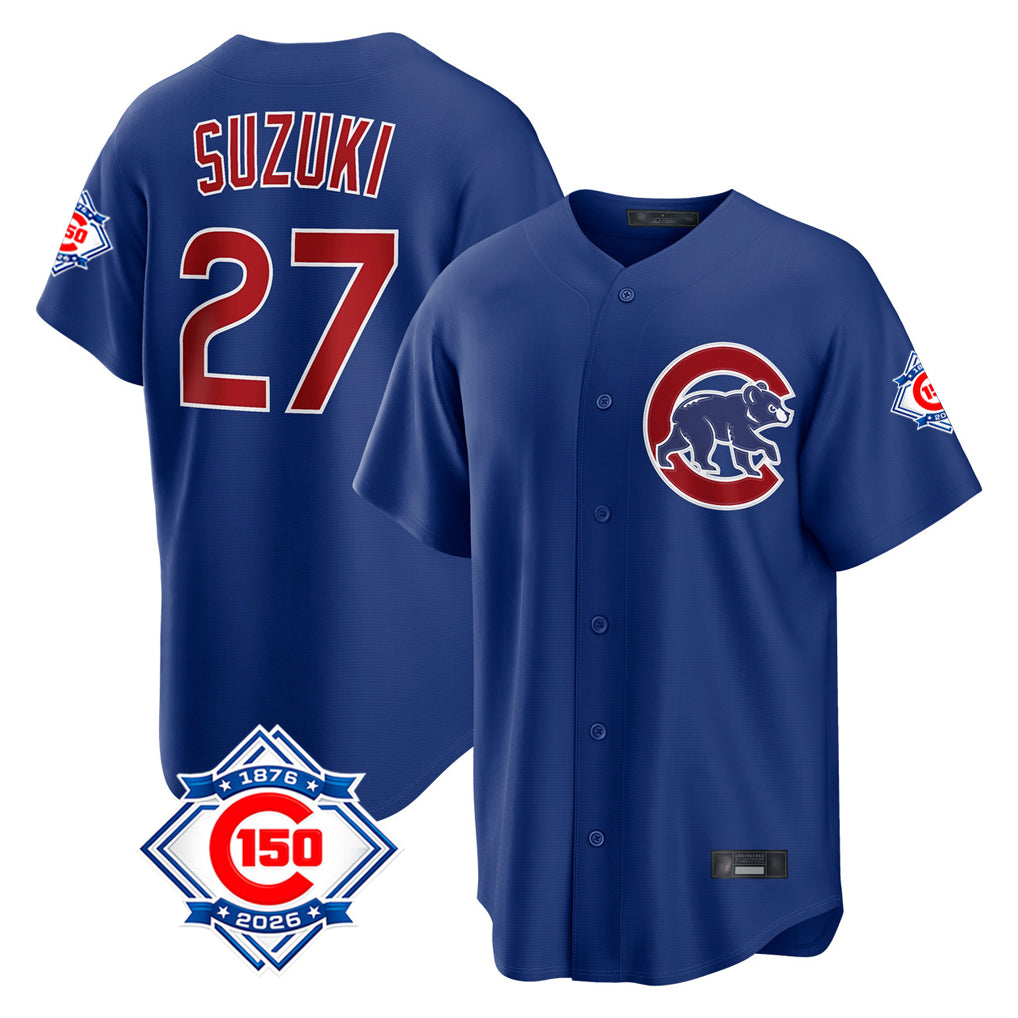 Cooneas C.Cubs #27 Seiya Suzuki Player Royal 150th Anniversary Home Game Stitched Jerseys