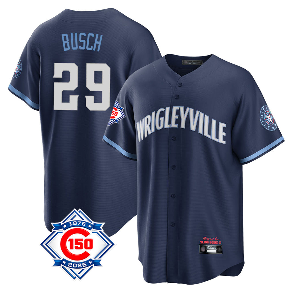 Cooneas C.Cubs #29 Michael Busch Player Navy 150th Anniversary City Connect Home Game Stitched Jerseys