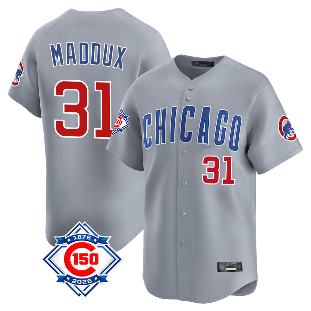 Cooneas C.Cubs #31 Greg Maddux Player Gray Road 150th Anniversary Limited Home Stitched Jerseys