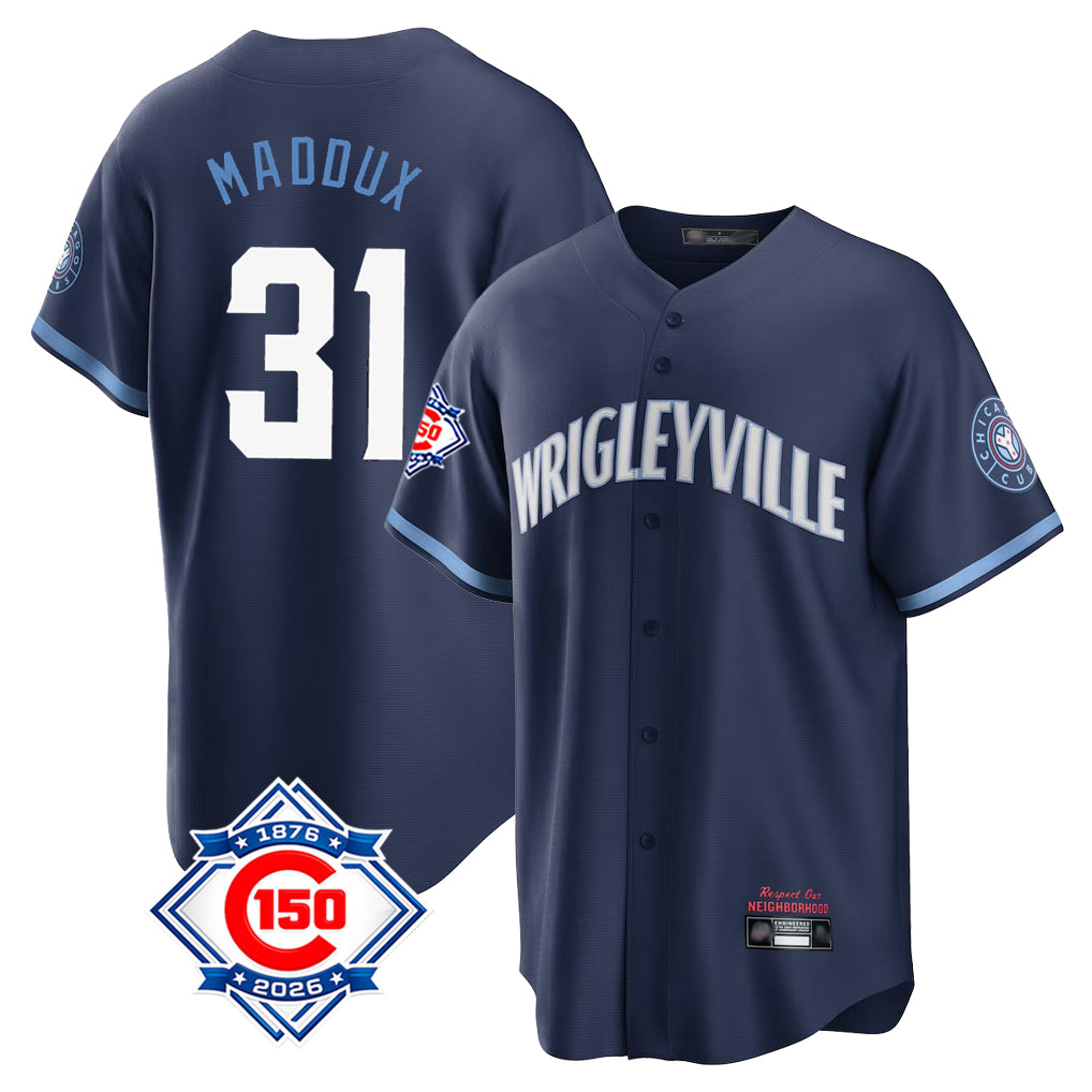 Cooneas C.Cubs #31 Greg Maddux Player Navy 150th Anniversary City Connect Home Game Stitched Jerseys