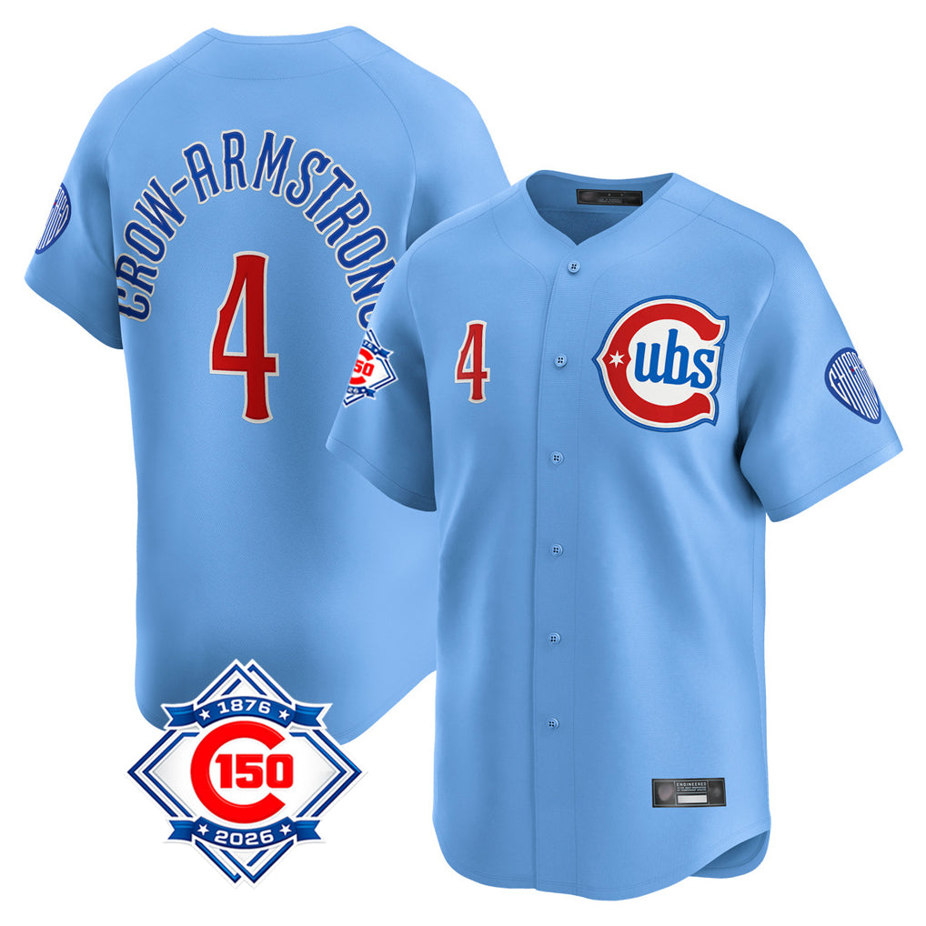 Cooneas C.Cubs #4 Pete Crow-Armstrong Player Light Blue 150th Anniversary Limited Home Stitched Jerseys