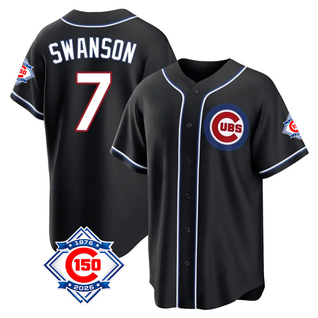 Cooneas C.Cubs #7 Dansby Swanson Player Black Fashion Out 150th Anniversary Game Stitched Jerseys