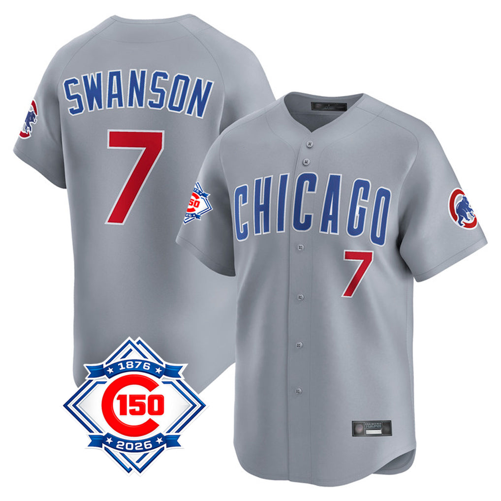 Cooneas C.Cubs #7 Dansby Swanson Player Gray Road 150th Anniversary Limited Home Stitched Jerseys