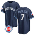 Cooneas C.Cubs #7 Dansby Swanson Player Navy 150th Anniversary City Connect Home Game Stitched Jerseys