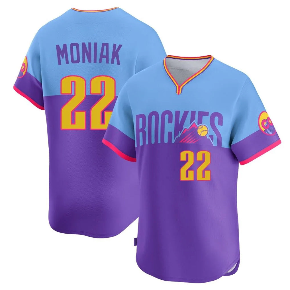 Cooneas C.Rockies #22 Mickey Moniak Player Purple-Light Blue City Connect Limited Home T-shirt Stitched Jerseys