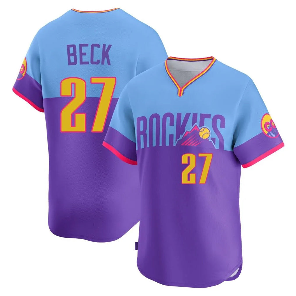Cooneas C.Rockies #27 Jordan Beck Player Purple-Light Blue City Connect Limited Home T-shirt Stitched Jerseys